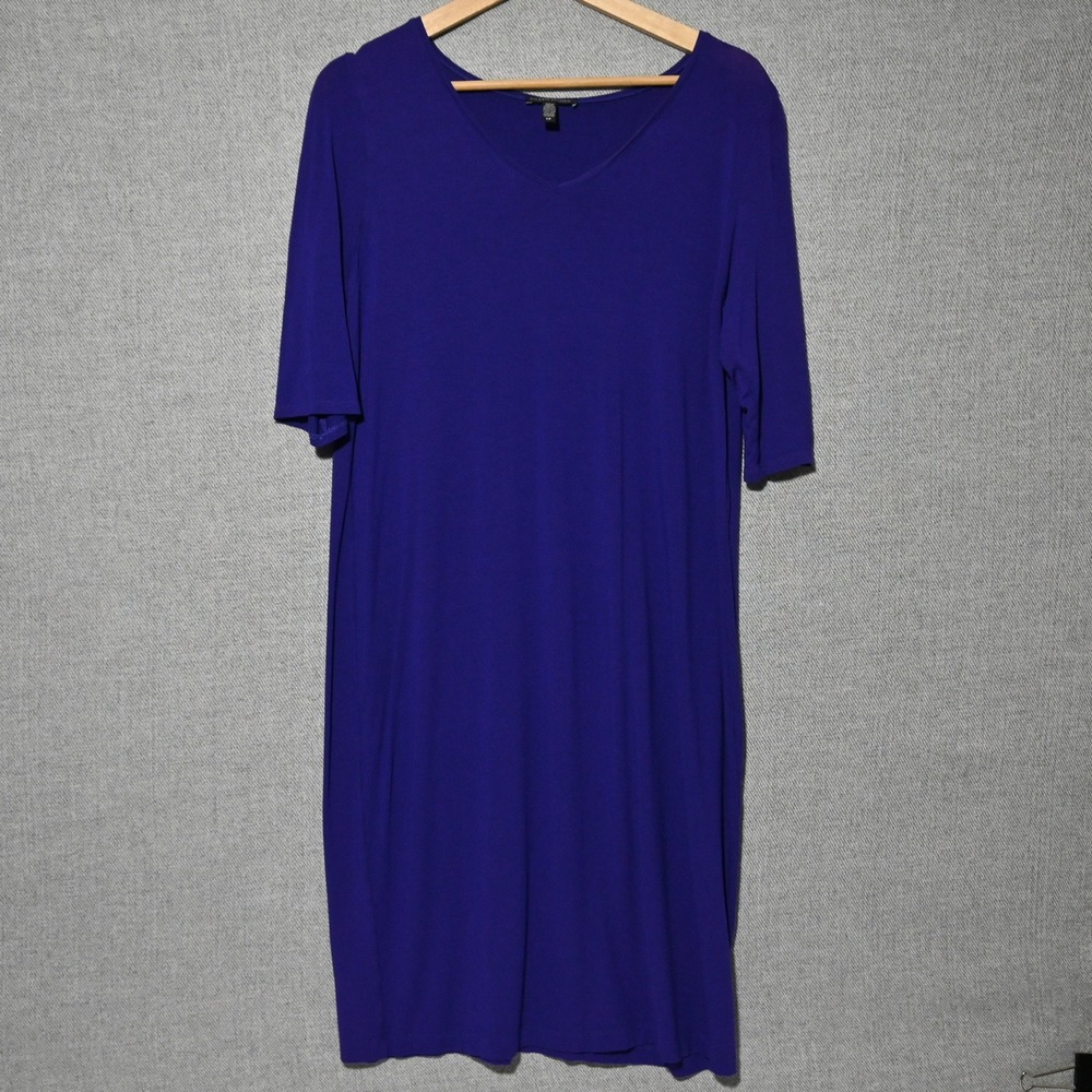 Eileen Fisher Shift Dress Womens V-Neck Short Sleeve S/P Purple USA Made